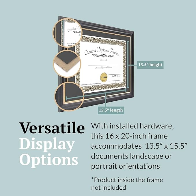 Creative Picture Frames 13.5" x 15.5" Rockefeller Black w/Gold Rim Diploma Frame, Displays 13.5" x 15.5" Certificate or 16" x 20" Document w/o Mat, College Degree Frame, Full-Strength Glass, Black Mat