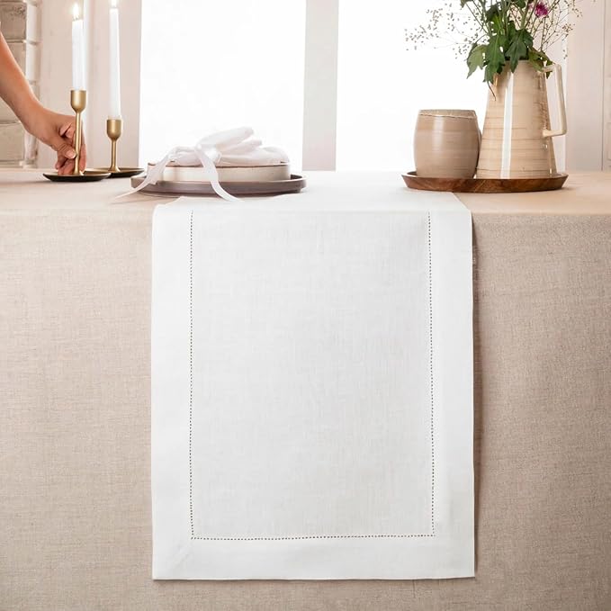 D'Moksha Homes Linen White Table Runner 144 Inches Long - 100% Pure Linen Extra Long Table Runner 14 x 144 Inch for Valentines, Spring, Easter - Classic Hemstitch