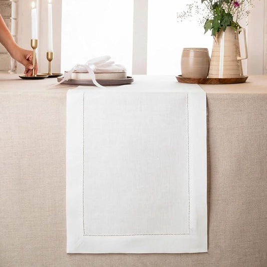 D'Moksha Homes Linen White Table Runner 84 Inches Long - 100% Pure Linen Table Runner 14 x 84 Inch for Valentines, Spring, Easter - Classic Hemstitch