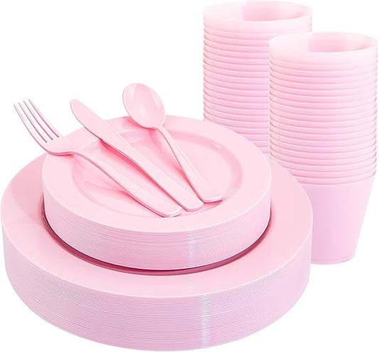KIRE 150 Pieces Pink Plastic Plates Disposable - Pink Dinnerware Set Include 25 Dinner & 25 Salad Plates 25 Forks 25 Knives 25 Spoons 25 Cups for Baby Shower/Bridal Shower/Valentine's Day