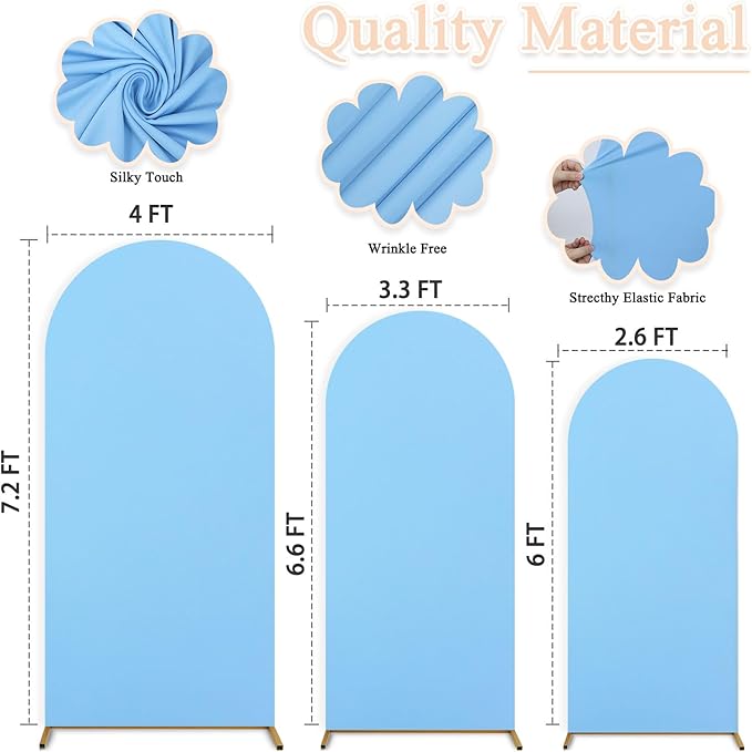 7.2FT 6.6FT 6FT Set of 3 Spandex Fitted Wedding Arch Stand Covers Baby Blue Arch Backdrop Cover Chiara Backdrop Cover Round Top Arch Covers for Bridal Baby Shower Wedding Ceremony Decorations