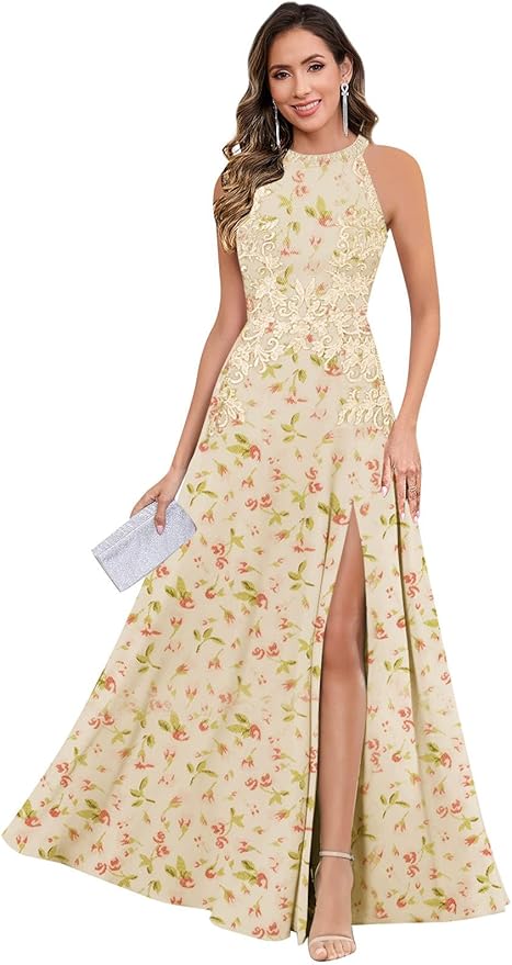 GUKARLEED Halter Lace Appliques Mother of The Bride Dresses for Women Long A-line Formal Wedding Guest Dress with Slit