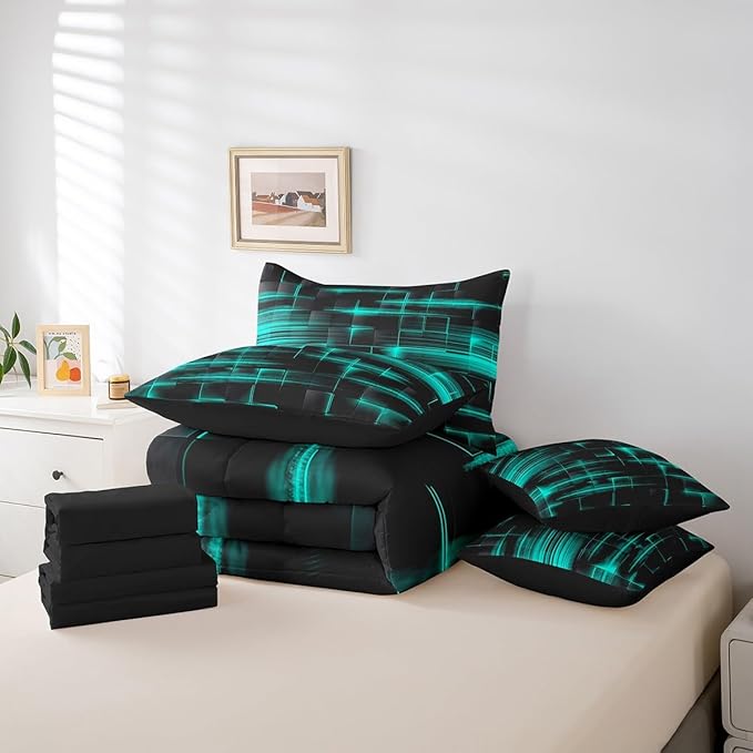 Feelyou TealBlue Black Bedding Set Full Size Boys Girls Geometric Strip Lines Comforter Set with Sheets 7 Piece forBed in a Bag Abstract Modern Bed Set with Comforter,Sheets,Pillowcases