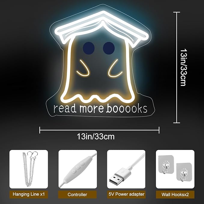 Read More Books Neon Sign, Cute Ghost Reader LED Sign Light, Kawaii Funny Ghost with Bachelor Cap Light Up Night Light for Bedroom Classroom Study Reading Room Library Decoration, 13"x13"