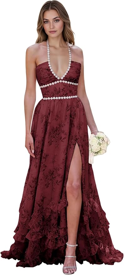 Floral Printed Chiffon Prom Dress for Carmen 2025 Long V Neck Floor Length Photoshoot Dress with Side Slit Ruched