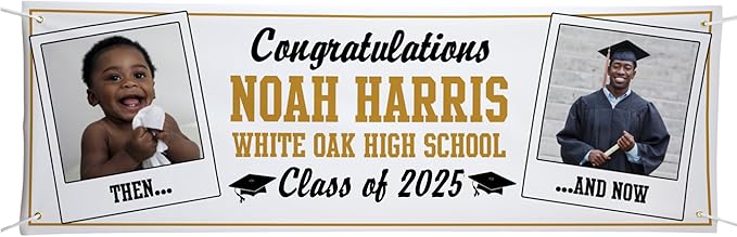 Let's Make Memories Personalized 10ft Graduation Banner - Graduation Party Decorations - Customized Congratulations Banner - Class of 2025 - Indoor/Outdoor Vinyl - How Time Flies - Gold - 10 ft