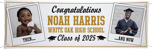 Let's Make Memories Personalized 10ft Graduation Banner - Graduation Party Decorations - Customized Congratulations Banner - Class of 2025 - Indoor/Outdoor Vinyl - How Time Flies - Gold - 10 ft