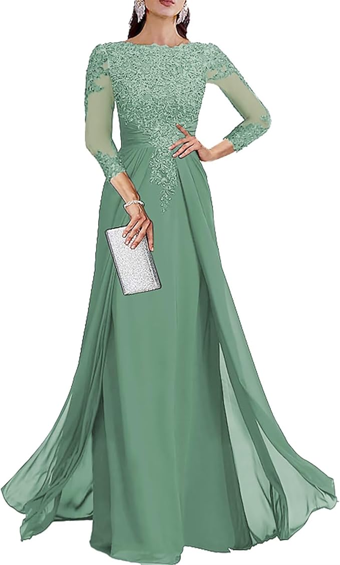 Long Sleeve Mother of The Bride Dresses for Wedding Lace Appliques Chiffon Formal Dress He6052