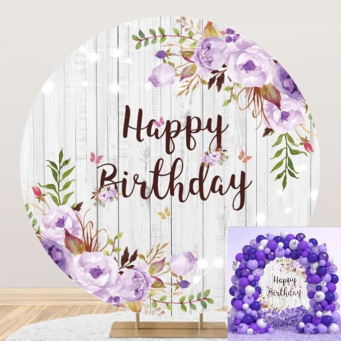 OERJU Happy Birthday Round Backdrop Cover Rustic Wood Purple Floral Flowers Birthday Background for Photography Girls Women Birthday Party Circle Backdrop Cover Cake Table Decoration 6x6ft