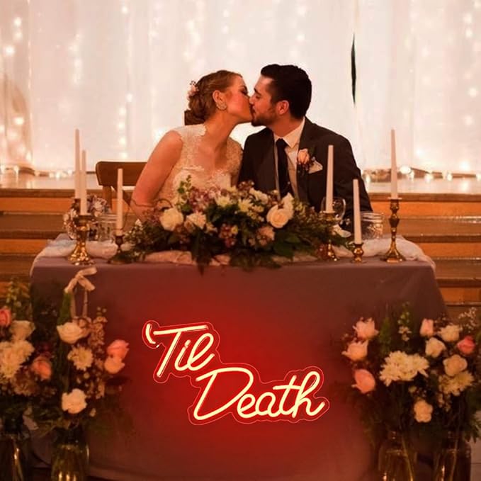 JXIN Til Death Neon Sign for Wall Decor, Til Death LED Neon Light Signs for Wedding Engagement Birthday Anniversary Proposal Party Bedroom Office, Wedding Gifts for Loved Ones, 16"x9" Red