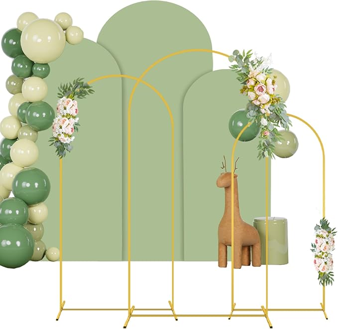 Arch Backdrop Stand and Cover Set of 3 6FT 6.6FT 7.2FT Gold Arch Backdrop Stands and Sage Green Spandex Arched Covers for Party Balloon Metal Arched Frame for Bridal Shower Decorations