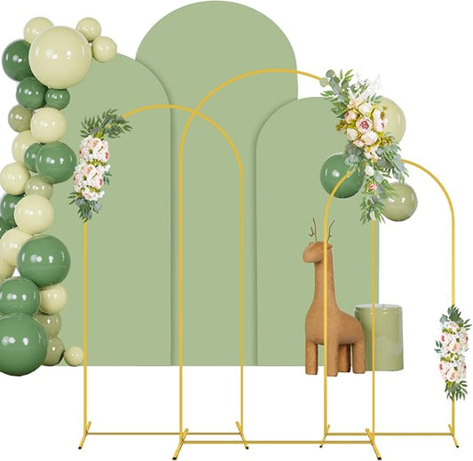 Arch Backdrop Stand and Cover Set of 3 6FT 6.6FT 7.2FT Gold Arch Backdrop Stands and Sage Green Spandex Arched Covers for Party Balloon Metal Arched Frame for Bridal Shower Decorations