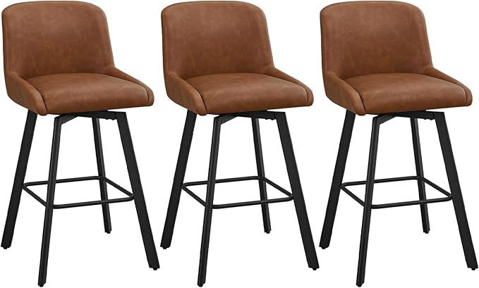Swivel Bar Stools Set of 3, 29''H Upholstered Barstools with Backs, Modern Counter Height Bar Stool Chairs for Kitchen Island, Metal Legs, Faux Leather, Brown Counter Stools