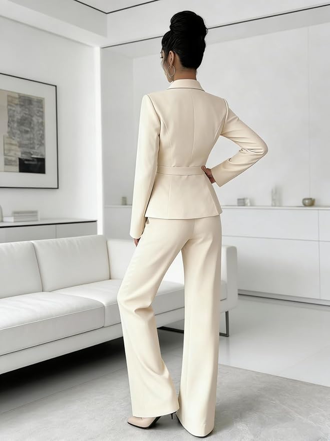 Pant Suits for Women Dressy 2 Piece Womens Pantsuit Long Sleeve Lapel V-Neck Formal Outfit for Wedding Guest