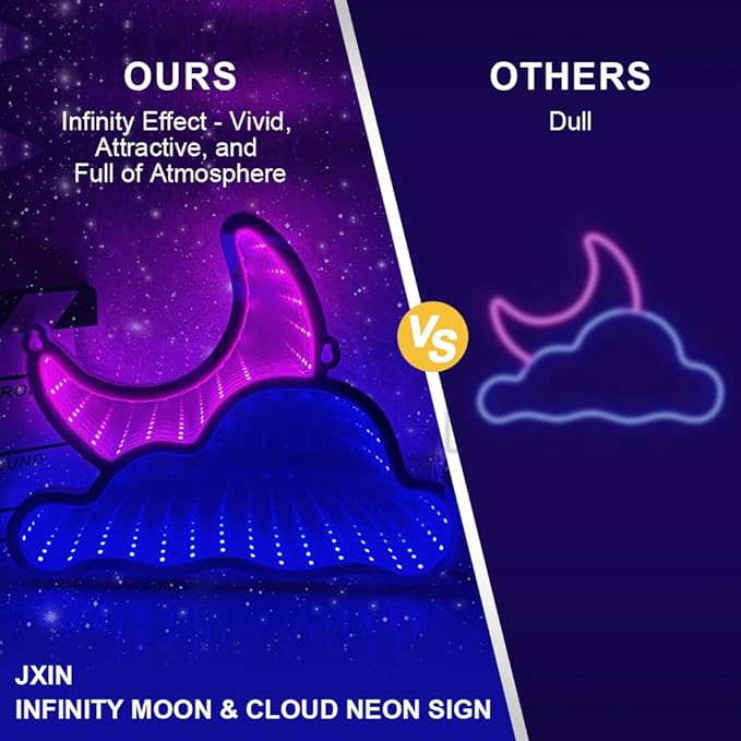 Infinity Mirror LED Neon Sign Wall Decor – Cloud & Moon 3D Light for Bedroom, Game Room, Living Room, USB Powered Aesthetic Night Lamp, Blue Pink Ambient Neon Wall Art, Layered Acrylic PET Design 12"x9"