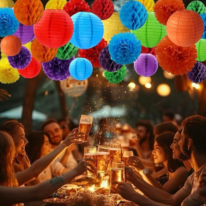 WOLHOWLTD Colorful Paper Decoration Set - 36 Pcs Paper Lanterns, Pompoms, Honeycomb Decorations for Wedding Rainbow Birthday Party Mexican Fiesta Classroom, Wedding, Home Decoration (6 Mixed Colors)