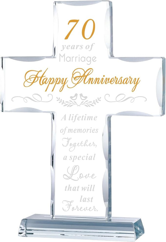 YWHL 70th Wedding Anniversary Cross Gifts for Couple, 70 Years of Marriage Glass Cross Keepsake for Parents Grandparents, 70 Years Anniversary Decoration