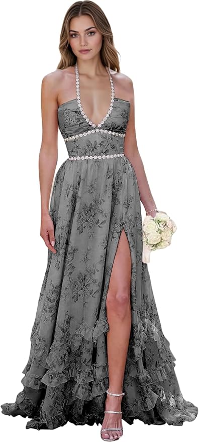Floral Printed Chiffon Prom Dress for Carmen 2025 Long V Neck Floor Length Photoshoot Dress with Side Slit Ruched