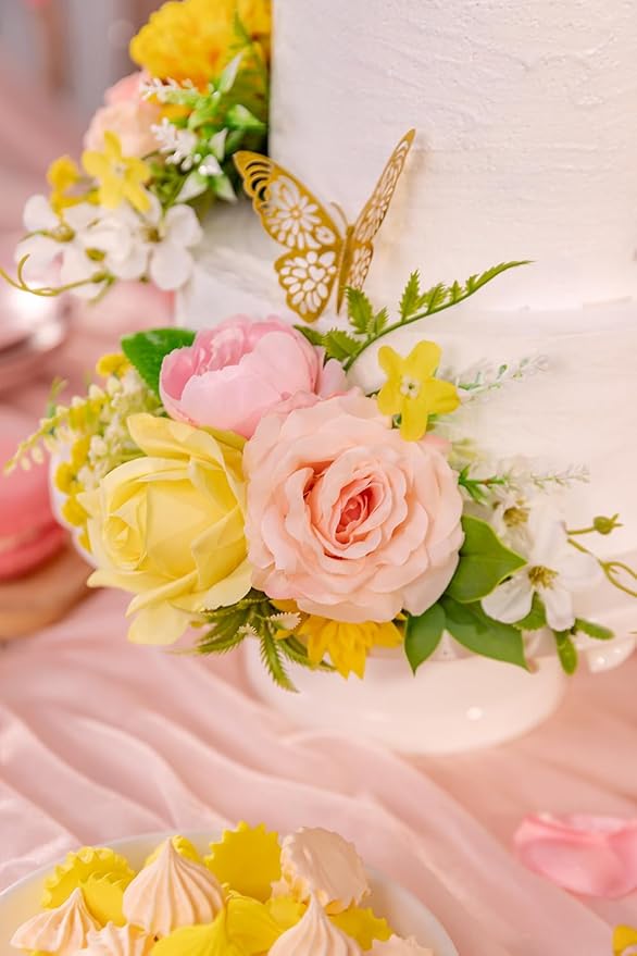 TINGE TIME 3Pcs Pre-made Cake Toppers，Silk Artificial Flowers Decor，Cake Decorations for Weddings, Birthdays, Party,Baby Shower,Celebration (PeachPink&Yellow)