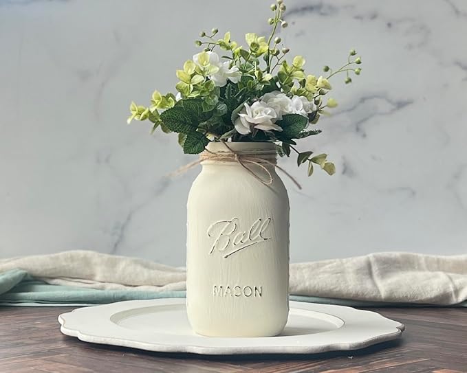 Flower Centerpieces for Tables Bulk - Ivory Mason Jar Centerpieces for Tables, Set of 5-32 oz Hand-Painted Mason Jars - Rustic Bridal Shower Decor for Tables Wedding (5 Ivory w/Greenery/Ivory)