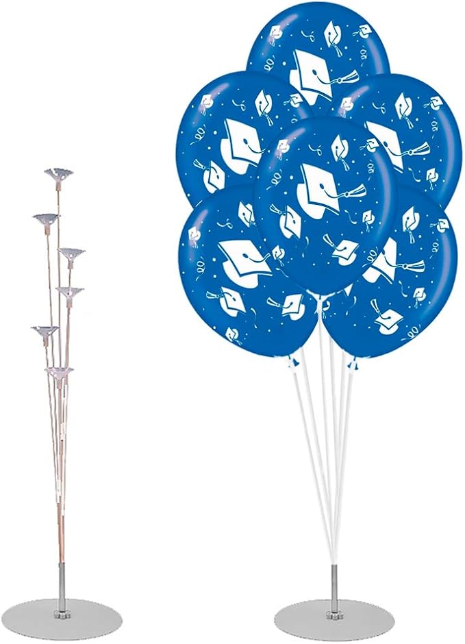 PMU 100 Pcs Blue Graduation Balloons Class of 2025 with All-Over Print White Grad Caps-Confetti and Streamers | Graduation Party Supplies | Congratulations Grad Latex Balloons Latex