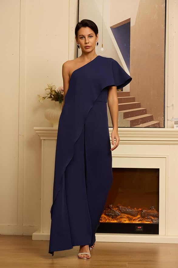 Mother of The Bride Jumpsuit Chiffon One Shoulder Ruffles Wedding Guest Pantsuit for Women
