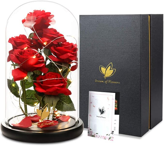 Valentines Day Gifts for Her,Beauty and The Beast Rose,Artificial Silk Rose Preserved Forever in Glass Dome,Anniversary,Mothers Day,Birthday Gifts Flower Roses Gifts for Mom Wife Girlfriend