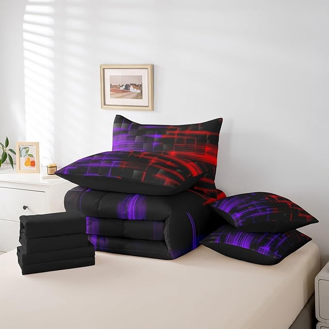 Feelyou Red and Purple Comforter Set with Sheets 7 Piece Twin Size Kids Geometric Bed in a BagStrip Lines Bedding Set Abstract Art Bed Set with Comforter, Sheets,Pillowcases,Cushion Covers