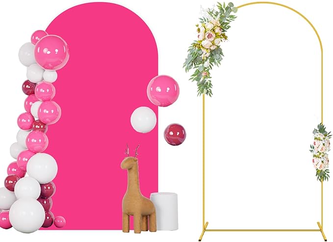 Metal Arch Backdrop Stand and Arch Cover 7.2FT Wedding Arch Stand with Hot Pink Backdrop Cover 2 Sides Spandex Fitted Arched Stands with Covers Set for Bridal Shower Banquet Decorations