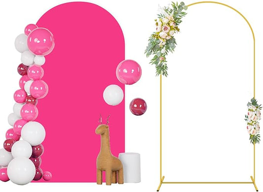 Metal Arch Backdrop Stand and Arch Cover 7.2FT Wedding Arch Stand with Hot Pink Backdrop Cover 2 Sides Spandex Fitted Arched Stands with Covers Set for Bridal Shower Banquet Decorations