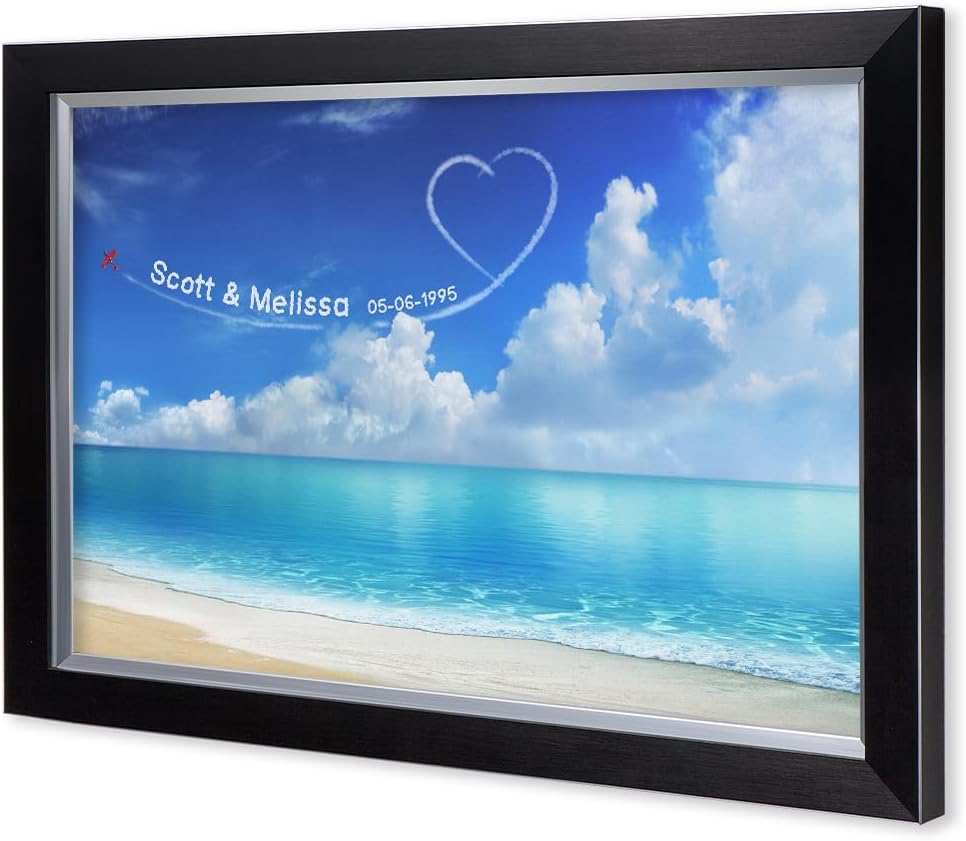 IPIC - Seaside Skywriting Personalized Artwork with Names and Date on, Customized Gift for Anniversary,Wedding,Birthday and Holidays. Framed Size:33x23