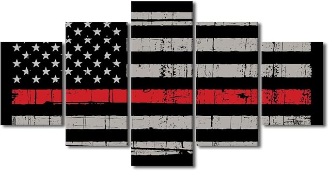 5 Panels Retro American Flag Wall Art Black White and Red US Flag Painting Prints Artwork Modern Home Decor Canvas Wall Art for Home and Office Wooden Decoration Framed Ready to Hang 60x32 in