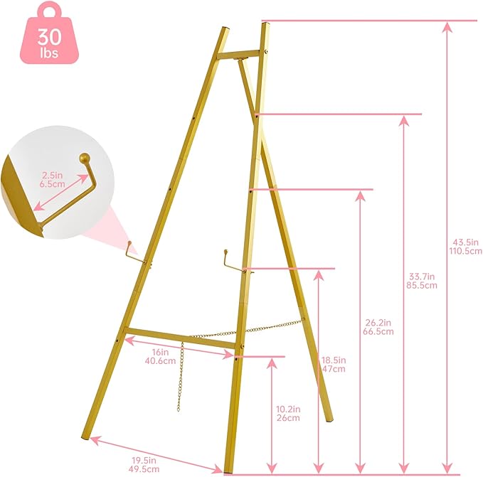 Gold Easel Stand for Sign–Adjustable Floor Heavy Duty Metal Display Easel for Wedding Signs, Art, Posters, Pictures Welcome Signs 4-Tier Height Commercial Display Easel for Parties & Galleries