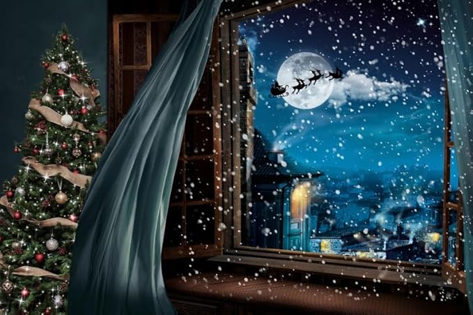 Christmas Backdrop 10x7ft Christmas Window Snowy Scene Photography Backdrop Xmas Tree Snow Background Merry Christmas Happy New Year Party Decoration Banner Portrait Photoshoot Studio Props
