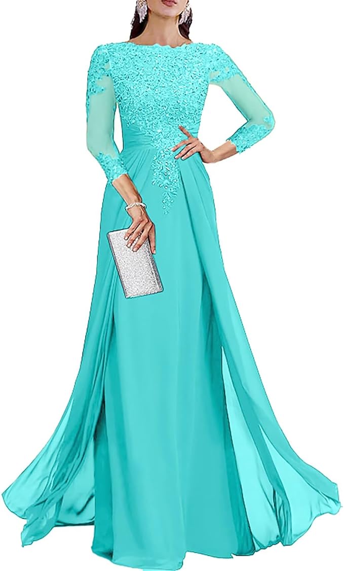 Long Sleeve Mother of The Bride Dresses for Wedding Lace Appliques Chiffon Formal Dress He6052