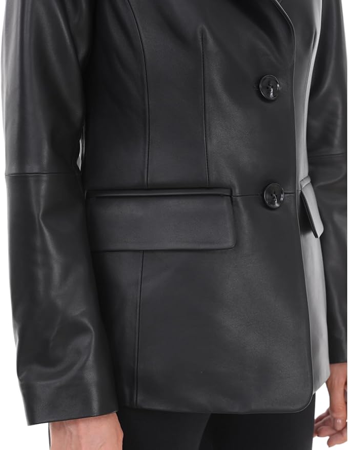 SILVER FASHIONS Lambskin Leather Jacket Women,Long Sleeve Button Front Leather Blazer,Notched Lapel Casual Style,Vent Detail