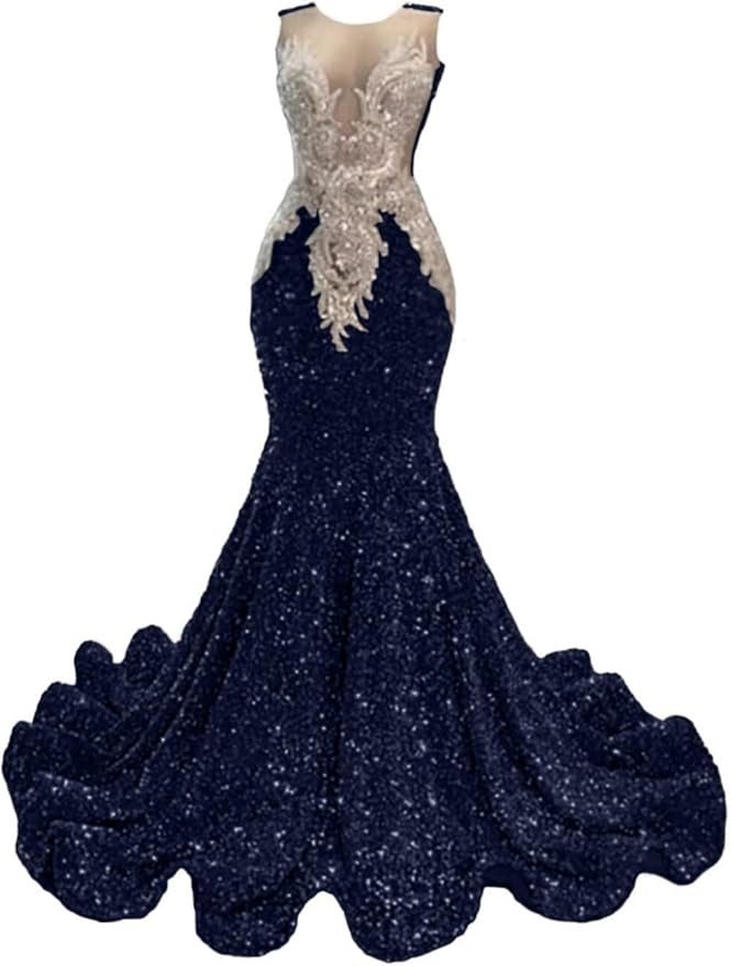 Datangep Crew Neck Sequined Mermaid Prom Dress Applique Crystal Evening Dress Celebrity Pageant Gown