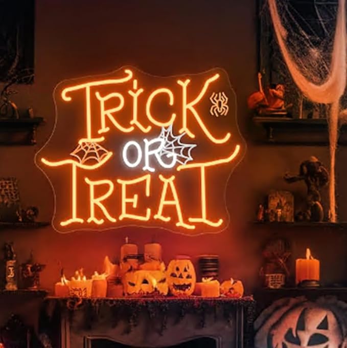 Trick Or Treat Spiderweb Neon Sign, Halloween LED Neon Light, Spooky Halloween Party Sign Size:16 x 12inches