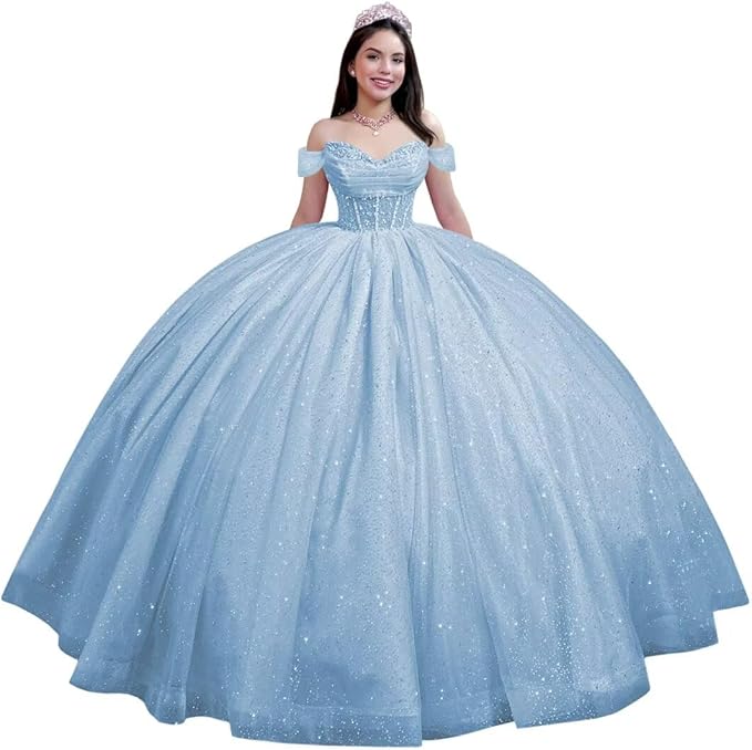Youjiayi Glitter Tulle Quinceanera Dresses with Train Off Shoulder Beaded Sweet 16 Dresses Pleated Long Ball Gown for Women