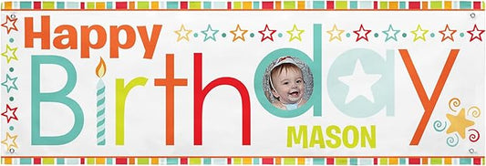 Let's Make Memories Personalized Birthday Banner - Kids Party Decorations - Custom Happy Birthday Banner - Indoor/Outdoor Vinyl - Any Text and Photo - Red Multi - 8ft
