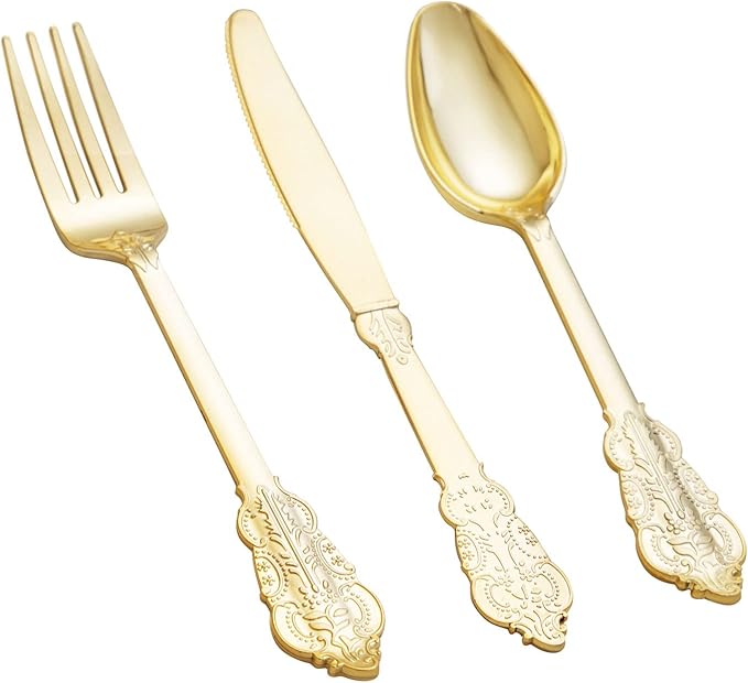 bUCLA 600 Pieces Gold Plastic Silverware - Plastic Gold Utensils - Heavyweight Disposable Cutlery - 200 Forks, 200 Spoons, 200 Knives for Party & Wedding
