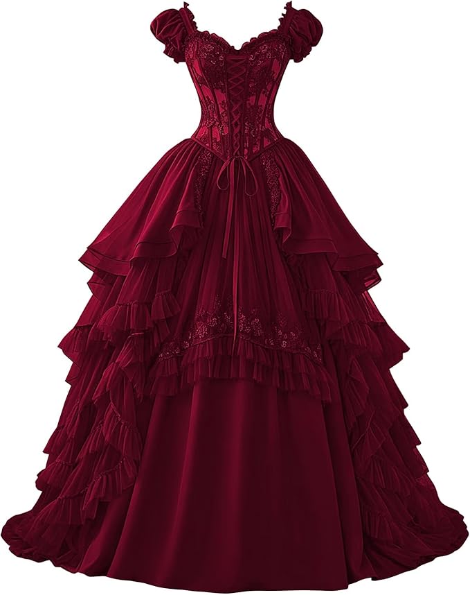 Ftupza Gothic Wedding Dresses Lace Appliques 1800s Victorian Dresses for Women Layered Tulle Prom Dress Long Ball Gown