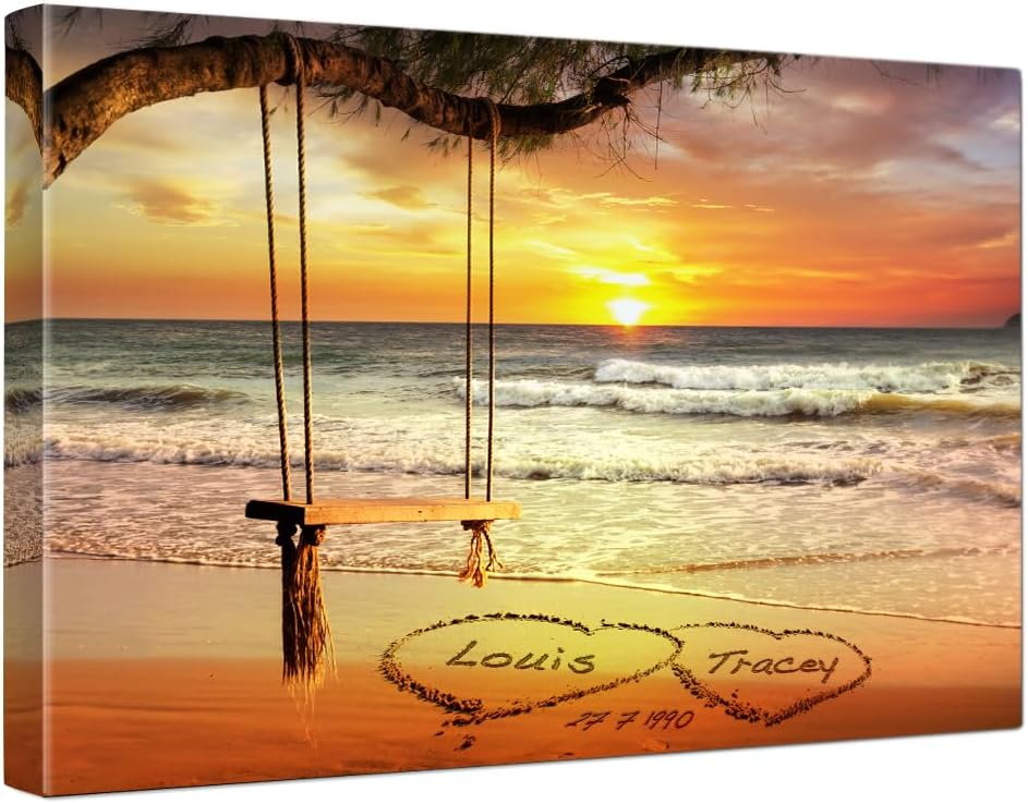 IPIC - "Eternal Love Personalized Canvas Wall Art, Custom Beach Sunset Scene with Names and Date in Sand, A Personalized Gift for Couple, Wedding, or Anniversary, Coastal Home Decor