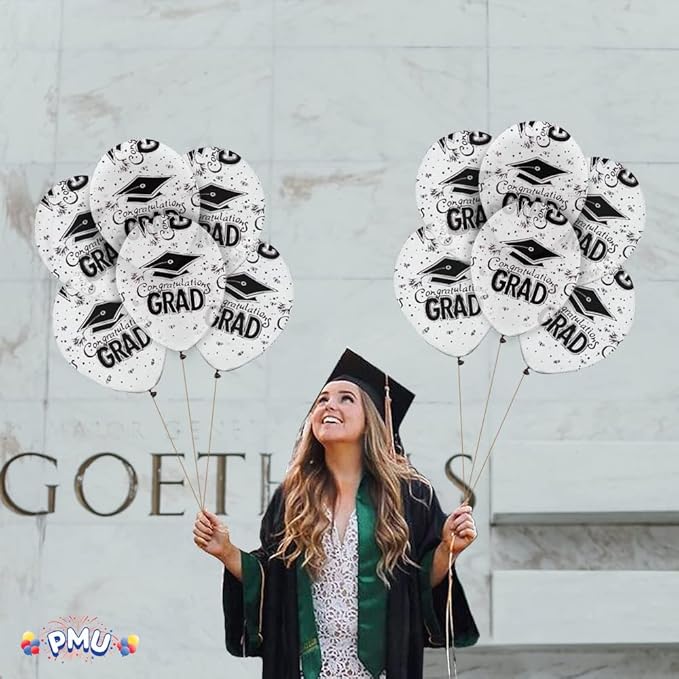 PMU 100 Pcs Crystal Clear Graduation Balloons Class of 2025 with All-Over Print White Grad Caps-Confetti and Streamers | Graduation Party Supplies | Congratulations Grad Latex Balloons Latex