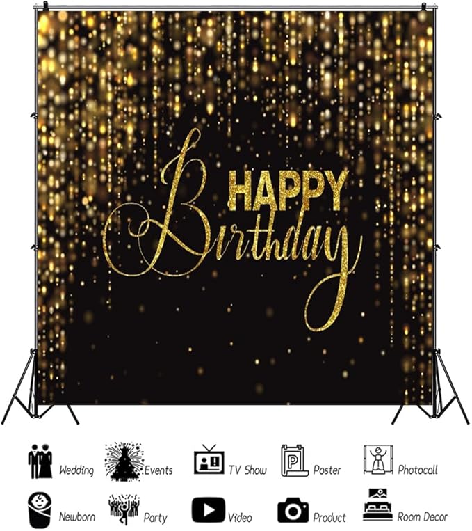 Happy Birthday Backdrop for Photography 8x8ft Luxury Black and Gold Birthday Party Backdrop Background Banner Bokeh Glitter Men Birthday Party Decorations Supplies Wallpaper Studio Props