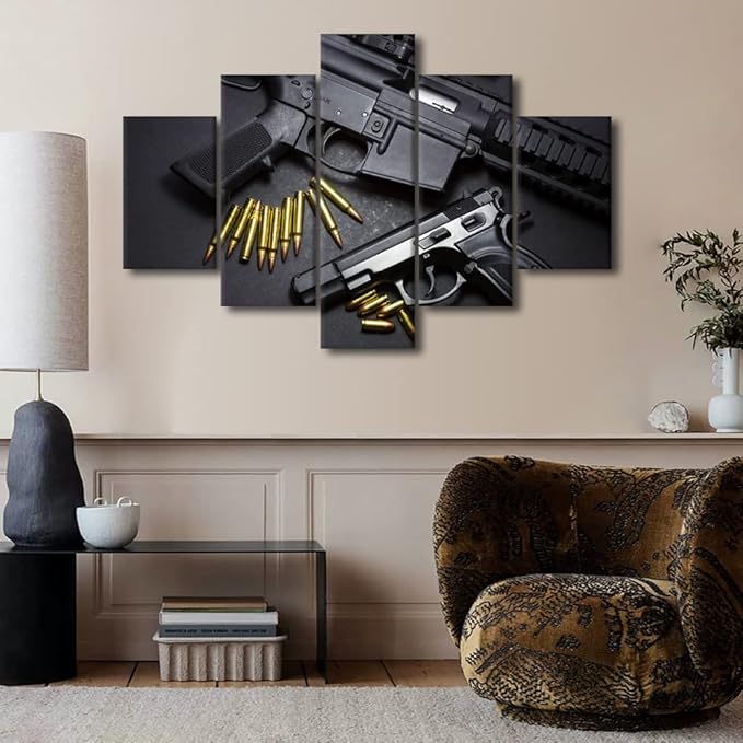 TISHIRON 5 Pieces Weapon Gun Canvas Wall Art Sniper Rifle Home Decor for Living Room Military Wall Decor Modern Artwork for Home Walls Poster and Prints Stretched and Framed Ready to Hang 60x40 in