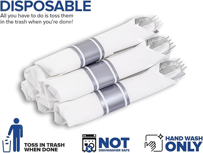 100Pack Wrapped Silver Plastic Silverware Sets - Heavy Duty Plastic Silverware Include Pre Rolled Disposable Utensils with Napkins for Parties & Dinners & Weddings
