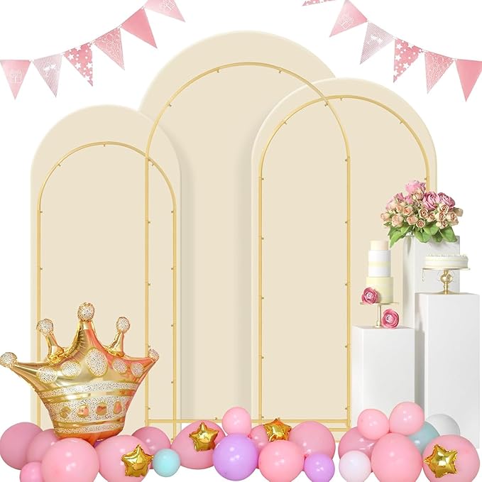 Wedding 3-piece metal wedding arch background bracket (4, 5, 6) with cover cloth - suitable for weddings, birthdays, baby showers, and anniversary celebrations (Beige, 6*6.6*7.2)