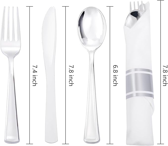 Liacere 100 Pack Silver Plastic Silverware-Pre Wrapped cutlery and Napkin-Pre Rolled Silverware Disposable 100 Forks, 100 Knives 100 Spoons, 100 Napkins Plastic Utensils＆Christmas＆New Year