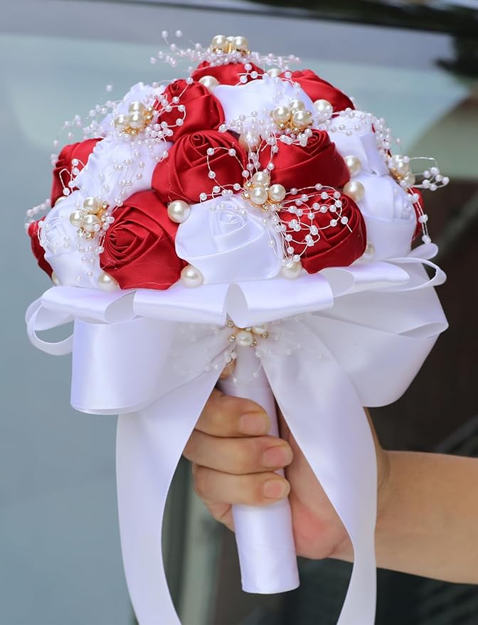 Handmade Wedding Bouquets for Bride Bridesmaid Brooch Bouquet Artificial Holding Flower Tossing Bouquet for Wedding Ceremony Anniversary(red/white-19cm)